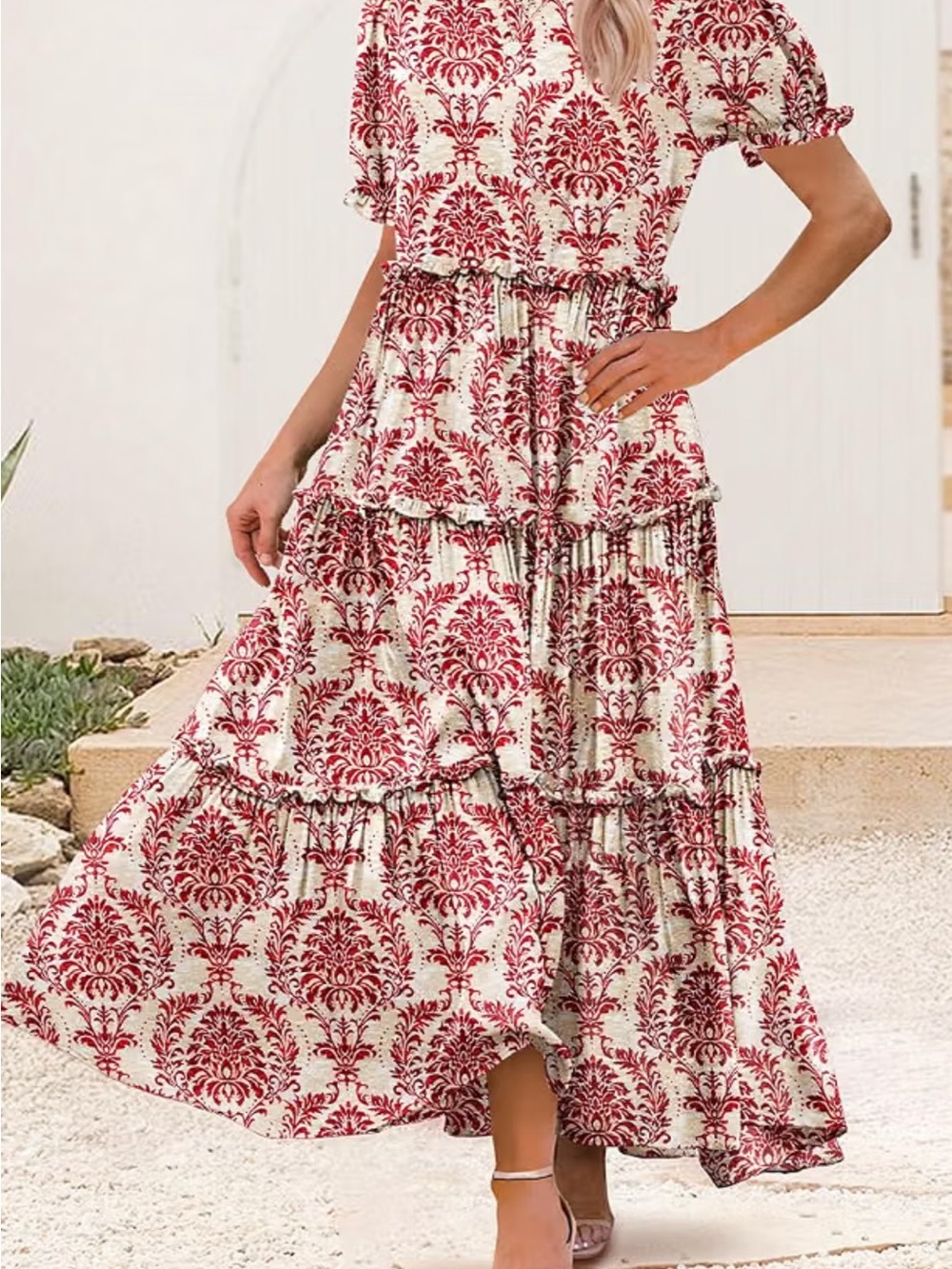 Boho Tiered Maxi Dress in Cream and Red Damask